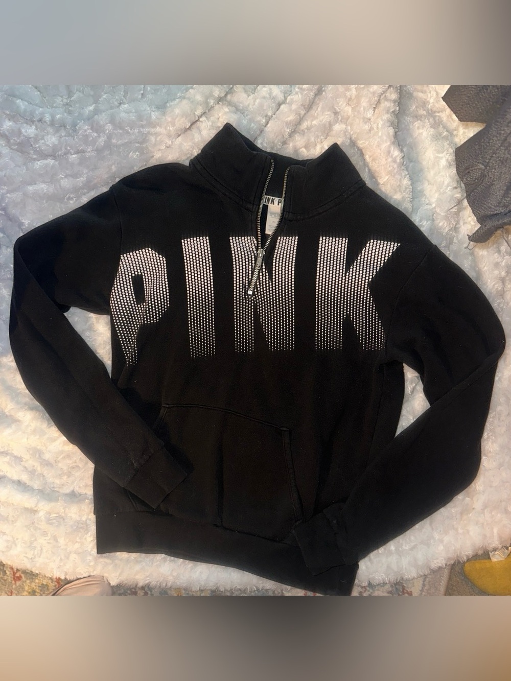 PINK Victoria's Secret Black Half-Zip Rhinestone Logo Sweatshirt